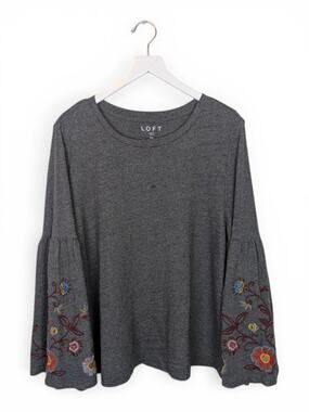 LOFT Top Embroidered Floral Bell Sleeves Gray - Size XL